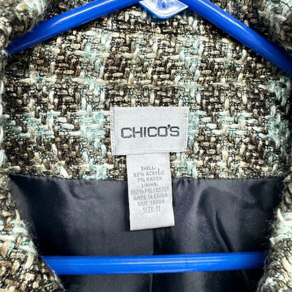 Chicos Jacket Women 0 M/L Brown Full Zip Bomber Plaid Tweed Lined Preppy Shiny - Picture 2 of 3